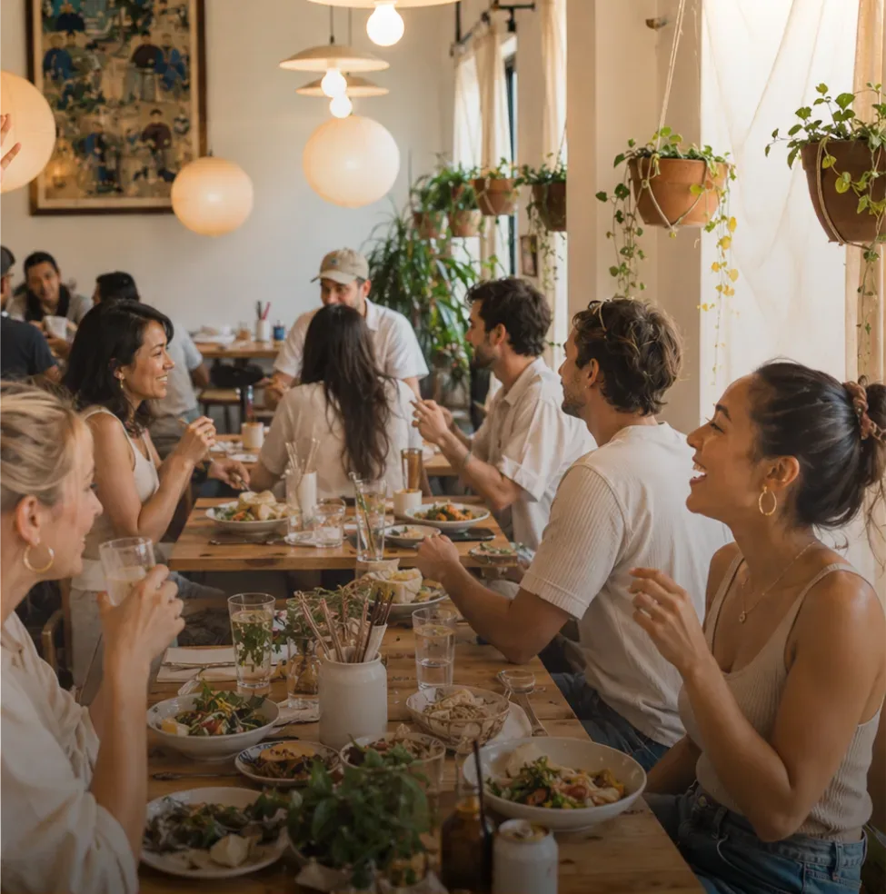 Friends sharing a long table meal at a Frankfurt partner restaurant
