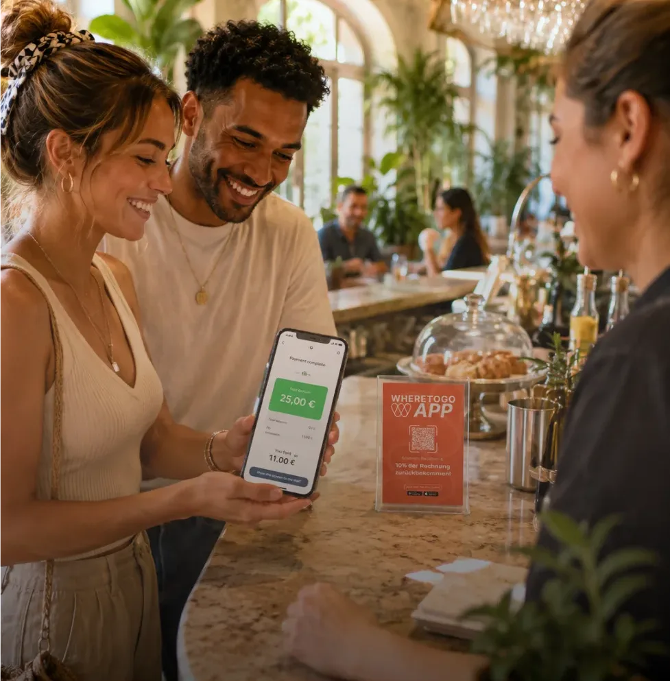 A couple paying with Wheretogo at the counter